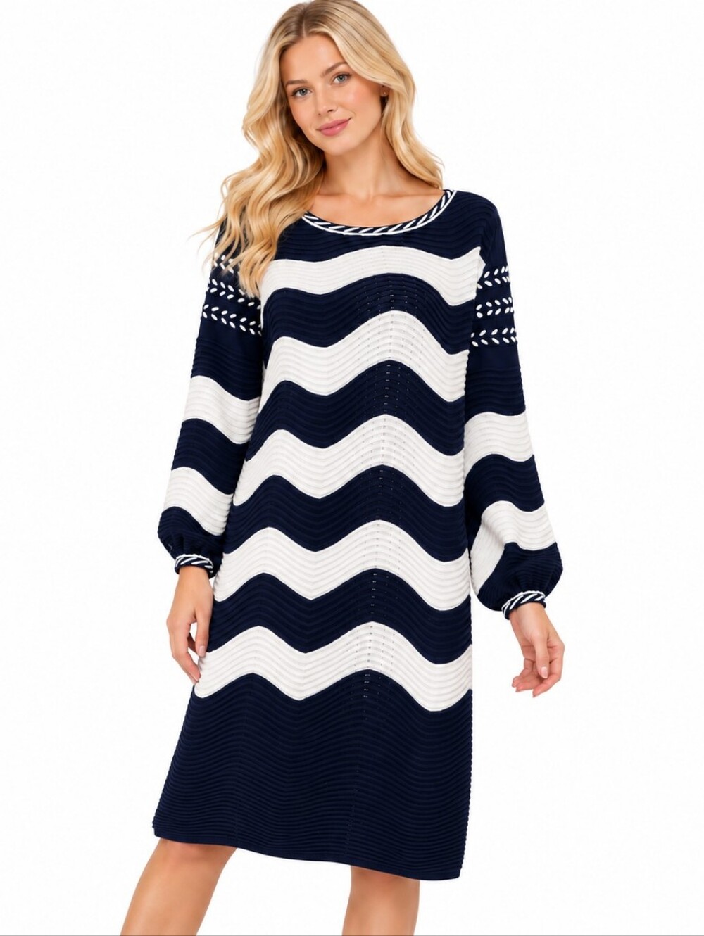 Etcetera Dark Blue and White Wave Knit Long Sleeve Dress Viscose/Nylon